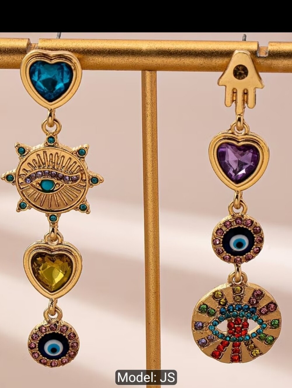 Gold-Tone Heart & Evil Eye Drop Earrings with Multicolor Stones - Picture 2 of 3